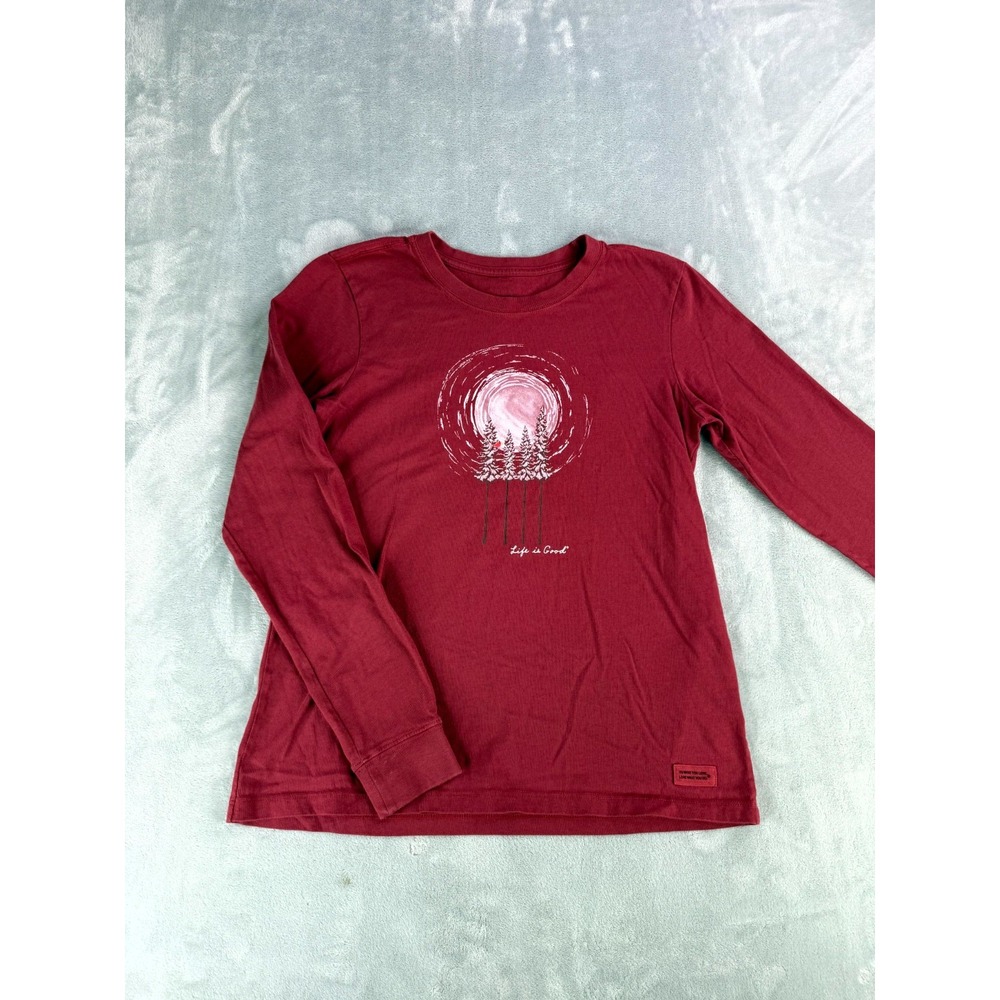Life Is Good T-Shirt Womens Medium Burgundy Graphic Print Cotton Streetwear